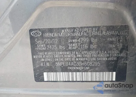 2013 Hyundai Sonata Gls из США, поврежденный, VIN 5NPEB4AC3DH608295